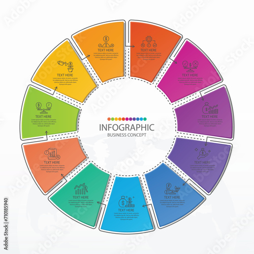 Basic circle infographic with 11 steps, process or options.