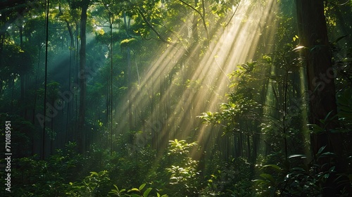 (Forest enchantment) Sunlight filtering through a dense forest canopy