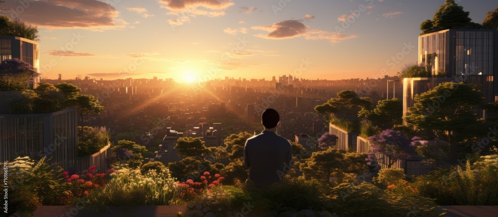 Man observing sunset on rooftop garden. - obrazy, fototapety, plakaty 