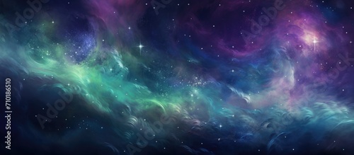 A psychedelic, dreamlike space with swirling blue, green, and purple hues, sparkling stars, and an ethereal haze.