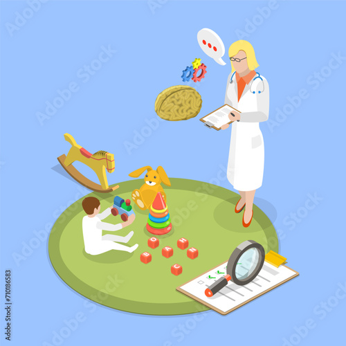 3D Isometric Flat Vector Illustration of Child Development Assessment, Pediatric Check-up