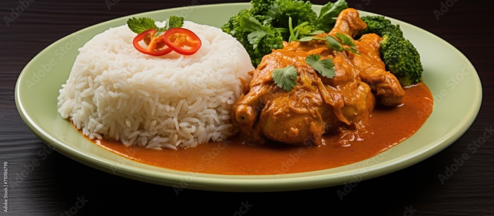 Rabbit-shaped steamed rice accompanies chicken curry. Rabbit-shaped steamed rice accompanies chicken curry.
