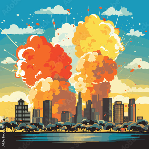 Explosive cityscape with towering inferno, urban skyline on fire, disaster scene. Catastrophic event, emergency and chaos concept vector illustration.