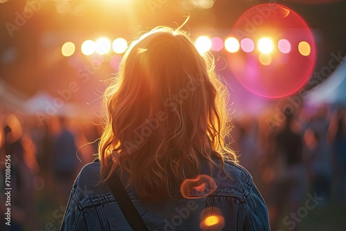 A young woman stands out in a sea of people, her clothing a vibrant contrast against the dull cityscape as she gazes at the world with an amber glow in her eyes