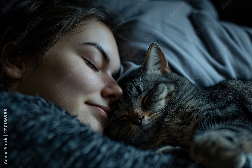 A peaceful portrait of a woman and her feline companion, their intertwined forms exuding warmth and contentment as they nap in the comfort of their indoor sanctuary