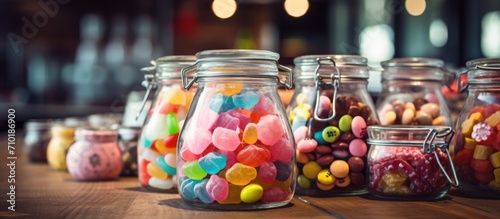 Candies in a jar on the table.