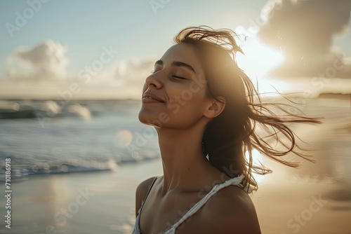 Wallpaper Mural A serene woman closes her eyes, lost in the beauty of the sunset over the ocean, her long hair and clothing dancing in the gentle breeze, captured in a stunning beach portrait Torontodigital.ca