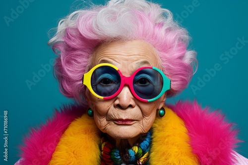 Portrait of a happy senior woman with pink hair and colorful glasses