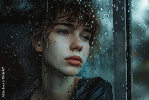 A girl's portrait is distorted by the rain-streaked window, revealing a human face struggling to see through the tears of the sky