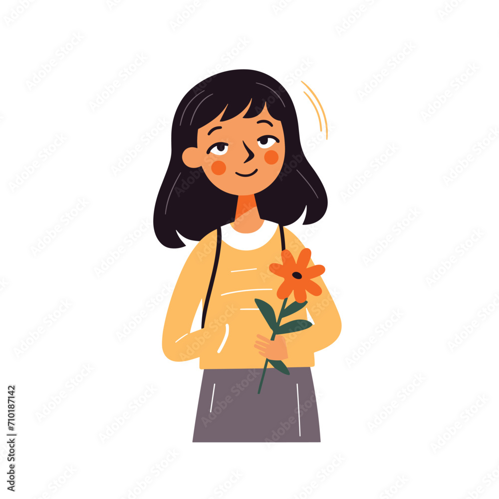 A girl is smiling gently while holding a single flower in this vector illustration. A girl is smiling gently while holding a single flower in this vector illustration.
