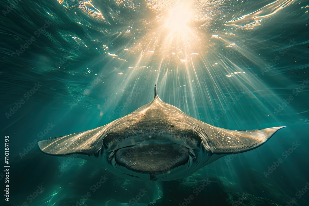 A mesmerizing marine mammal gracefully swims beneath the glistening sunlight, showcasing its elegant fins as it glides through the underwater world - obrazy, fototapety, plakaty 