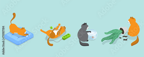 3D Isometric Flat Vector Illustration of Naughty Pets, Scenes With Cute Cats