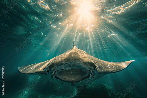 A mesmerizing marine mammal gracefully swims beneath the glistening sunlight, showcasing its elegant fins as it glides through the underwater world photo