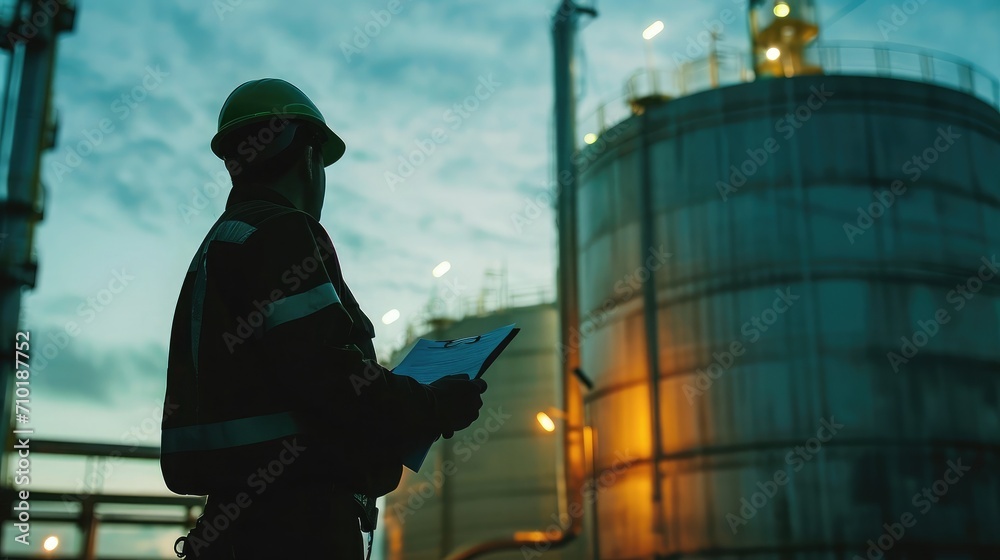 Silhouette of Engineer under inspection and checking oil storage tank
