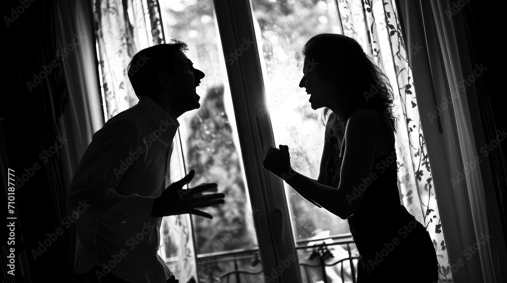 Silhouette of couple fighting each other, arguing and yelling at one another. Young man and woman shouting in anger. Candid behind closed doors