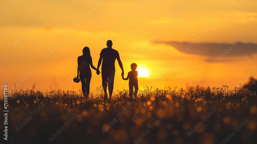 Silhouette of happy family walking in the meadow at sunset - Mother, father and child son having fun outdoors enjoying time together - Family, love, mental health and happy lifestyle concept
