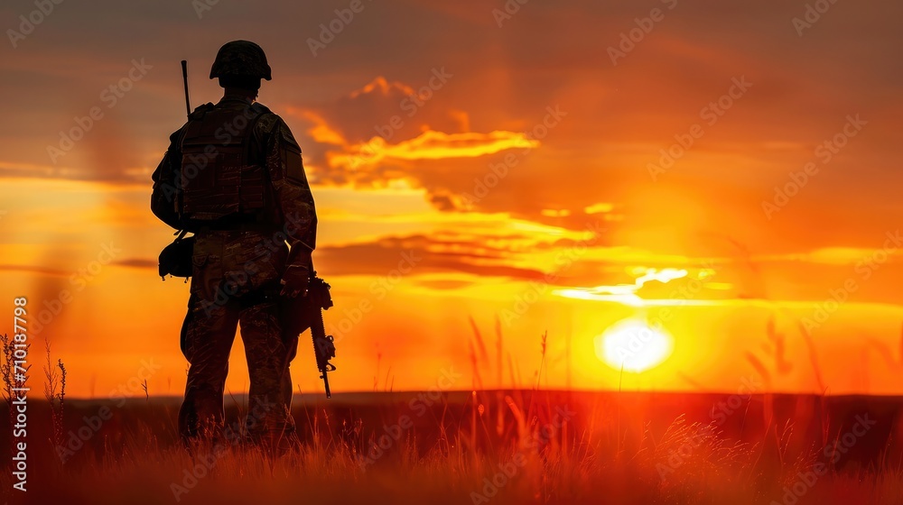 Silhouette of soldier standing against the backdrop of a sunset. Greeting card for Veterans Day