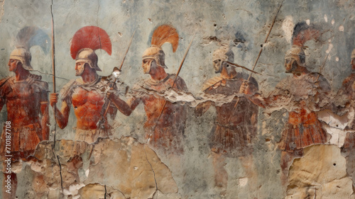 Ancient Greek or Roman warriors on battlefield, vintage cracked wall fresco of past civilization. Old painting with soldiers armed with spears. Theme of Greece, Rome, Sparta, art