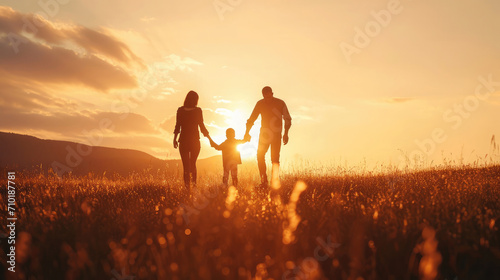 Silhouette of happy family walking in the meadow at sunset - Mother  father and child son having fun outdoors enjoying time together - Family  love  mental health and happy lifestyle concept
