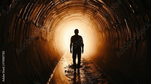 silhouette of man, shoulders slumped walking out of a dark tunnel towards a bright light photo