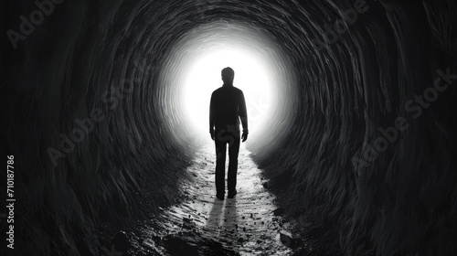 silhouette of man, shoulders slumped walking out of a dark tunnel towards a bright light photo