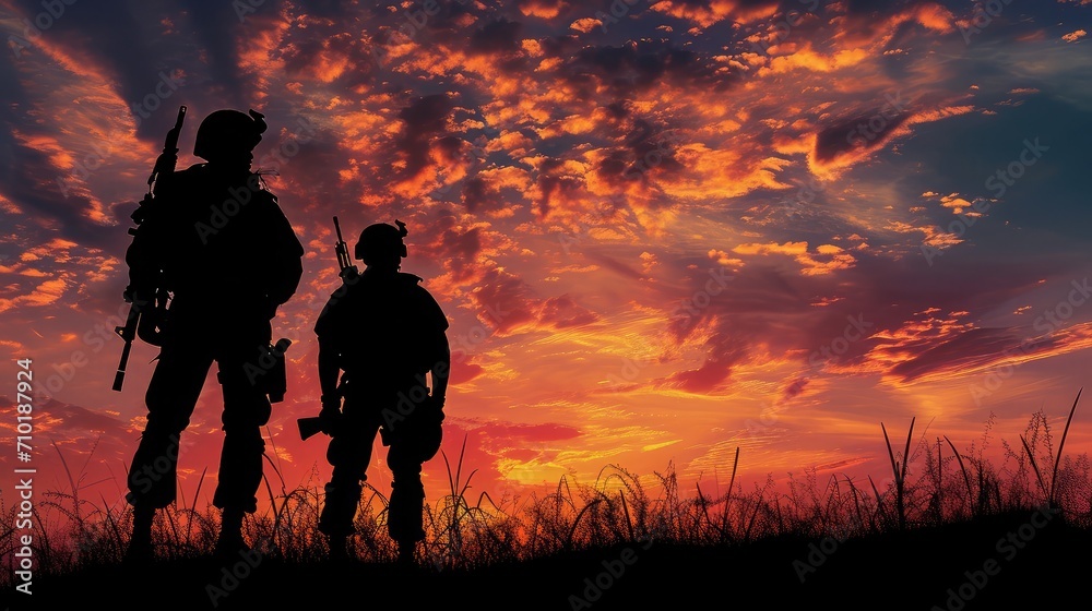 Fototapeta premium two military silhouettes on sunset sky background