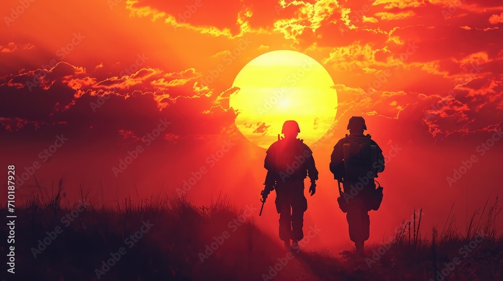 two military silhouettes on sunset sky background
