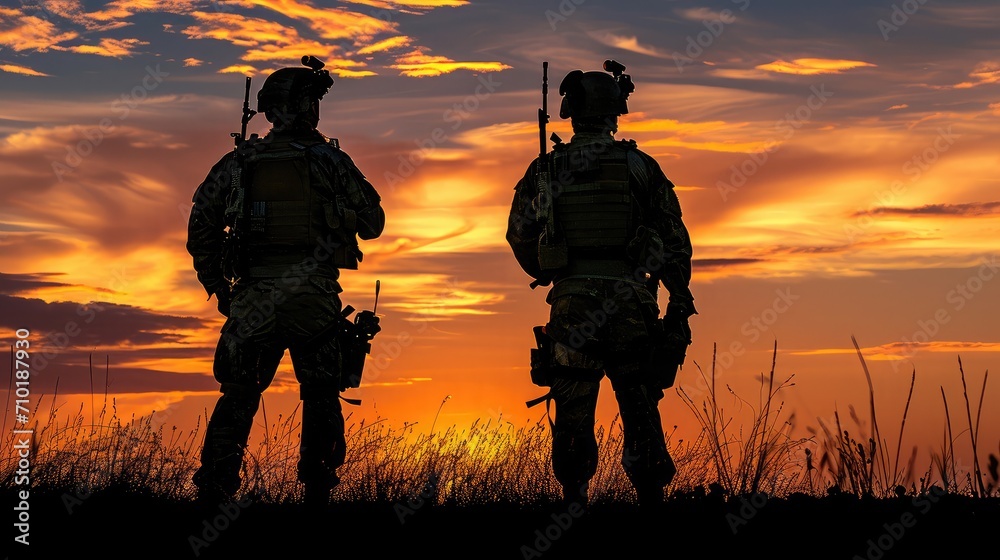 two military silhouettes on sunset sky background two military silhouettes on sunset sky background