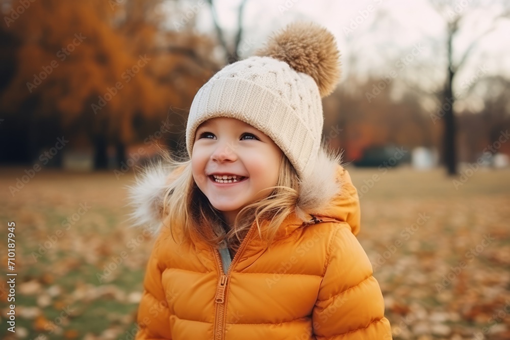Portrait of a little girl in a hat in the autumn park