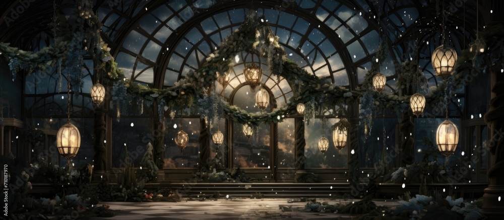 Obraz premium Winter garden with mistletoe and ice lantern setup.
