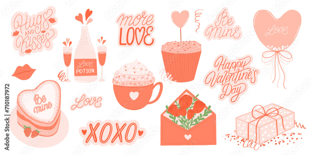 Valentines day hand drawn stickers. Cute vector illustrations and lettering quotes. Valentines day hand drawn stickers. Cute vector illustrations and lettering quotes.