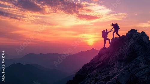 Teamwork friendship hiking help each other trust assistance silhouette in mountains, sunrise. Teamwork of two men hiker helping each other on top of mountain climbing team beautiful sunrise © buraratn