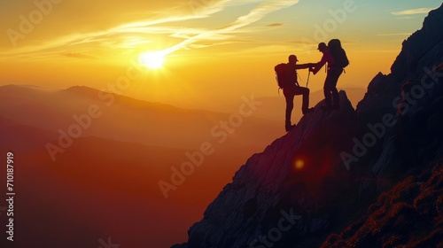 Teamwork friendship hiking help each other trust assistance silhouette in mountains, sunrise. Teamwork of two men hiker helping each other on top of mountain climbing team beautiful sunrise