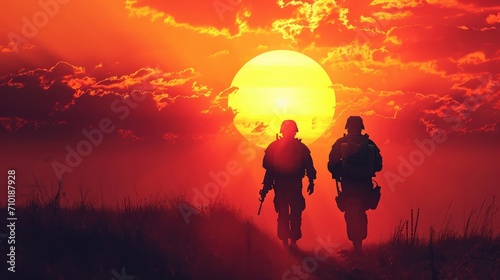 two military silhouettes on sunset sky background