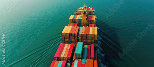 Fully loaded 4k aerial view of a large container ship.