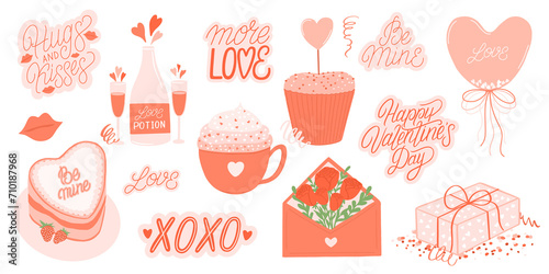 Valentines day hand drawn stickers. Cute illustrations and lettering quotes.
