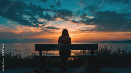 Fototapeta Naklejka Na Ścianę i Meble -  Wide angle shot of the Silhouette of a woman sitting on a bench looking at the tranquil sunset over the ocean