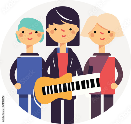 A band of three cartoon characters with one holding a keyboard guitar vector illustration.