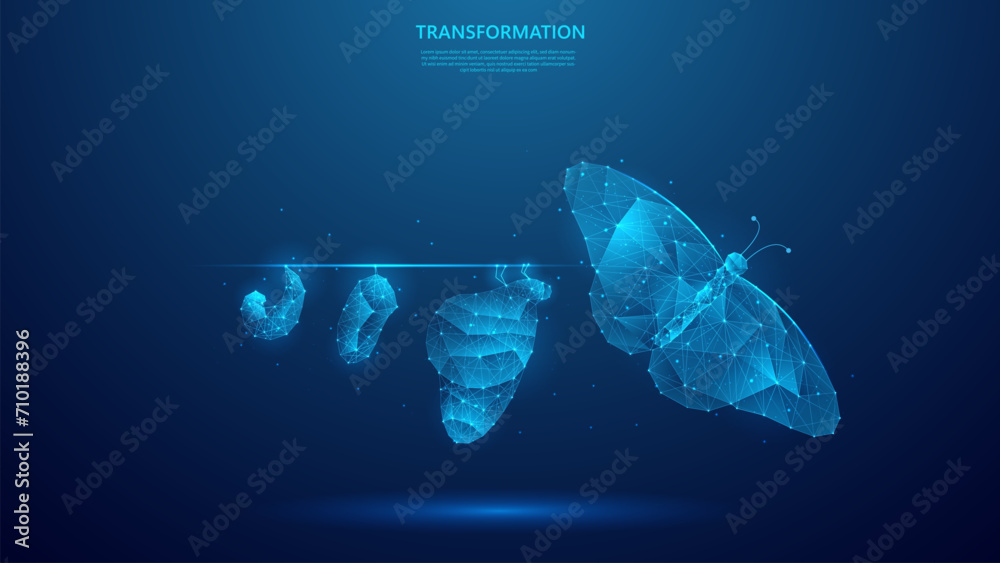Digital transformation concept. Illustration of butterfly evolution symbolizing digital transformation concept. blue low poly style vector background design.