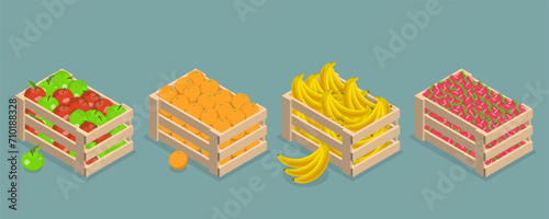 3D Isometric Flat Vector Illustration of Wood Organic Market Pack, Garden Fruits, Farming