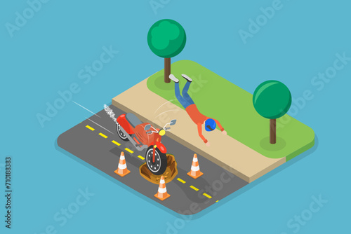 3D Isometric Flat Vector Illustration of Motorcycle Accident, Risks Driving a Personal Vehicles