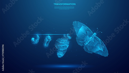 Digital transformation concept. Illustration of butterfly evolution symbolizing digital transformation concept. blue low poly style vector background design. photo