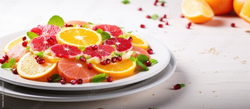 Colorful citrus fruit salad with grapefruit slices, pomegranate seeds, on a white plate with yellow linen. Space for copying. Colorful citrus fruit salad with grapefruit slices, pomegranate seeds, on a white plate with yellow linen. Space for copying.