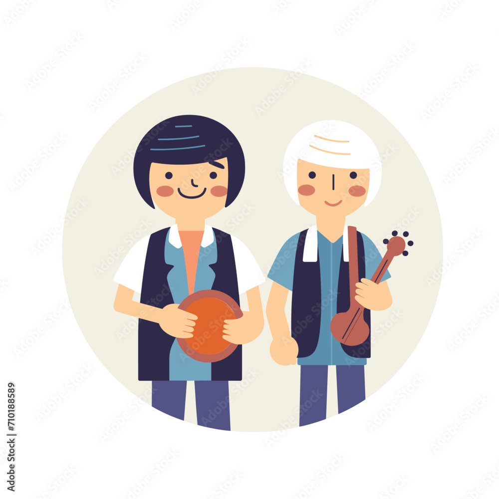 Two smiling children hold musical instruments as a vector illustration.
