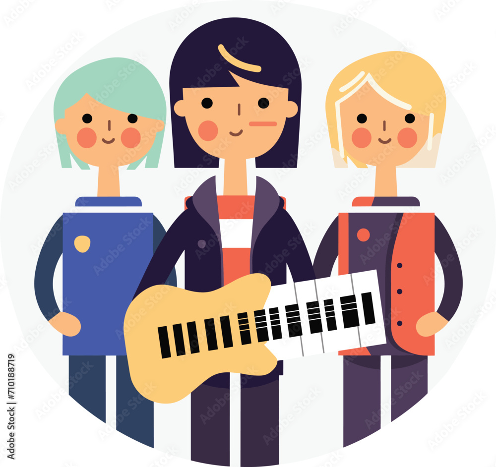 Three cartoon characters are playing music together in a vector illustration.