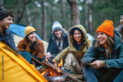 Group of People Sitting Around Campfire in Woods at Night