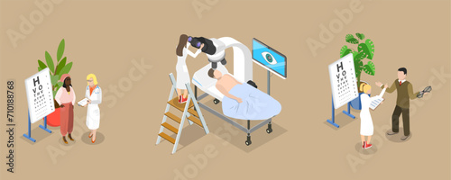 3D Isometric Flat Vector Illustration of LASIK Surgery, Eye Sight Improvement