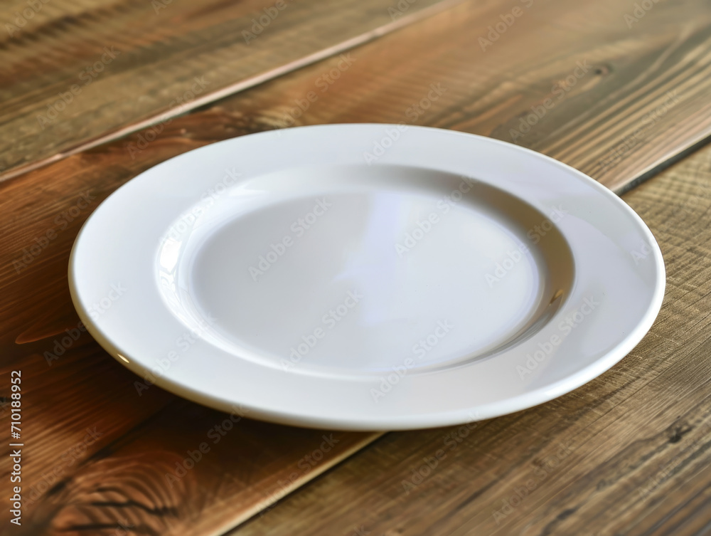 Plain white plate on a wooden table, minimal shadow. Plain white plate on a wooden table, minimal shadow.