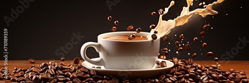 Coffee cup with splashes and flying coffee beans on beige background copy space for text placement