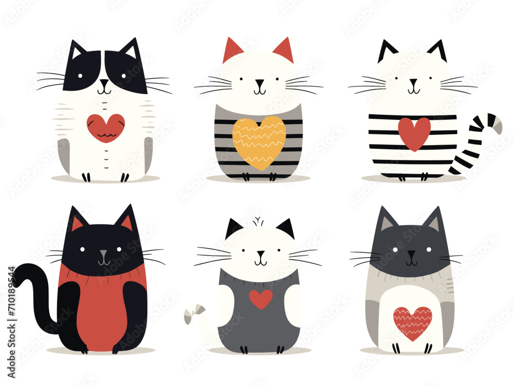 Obraz premium A cute collection of six cats with various patterns, sitting and smiling in a vector illustration.